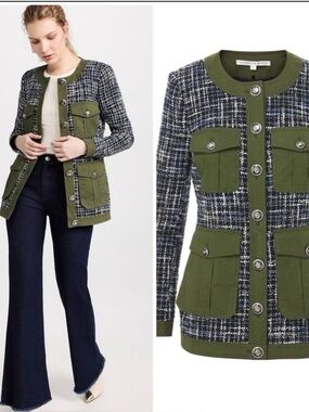 Veronica Beard fielding Dickey tweed coat jacket crested buttons